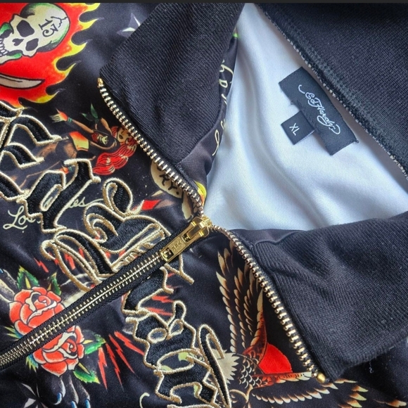 Ed Hardy Y2K Tattoo Bomber Jacket Black Graphic Streetwear MCbling Cropped - Picture 2 of 4